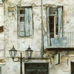 Painting of old building with shutters